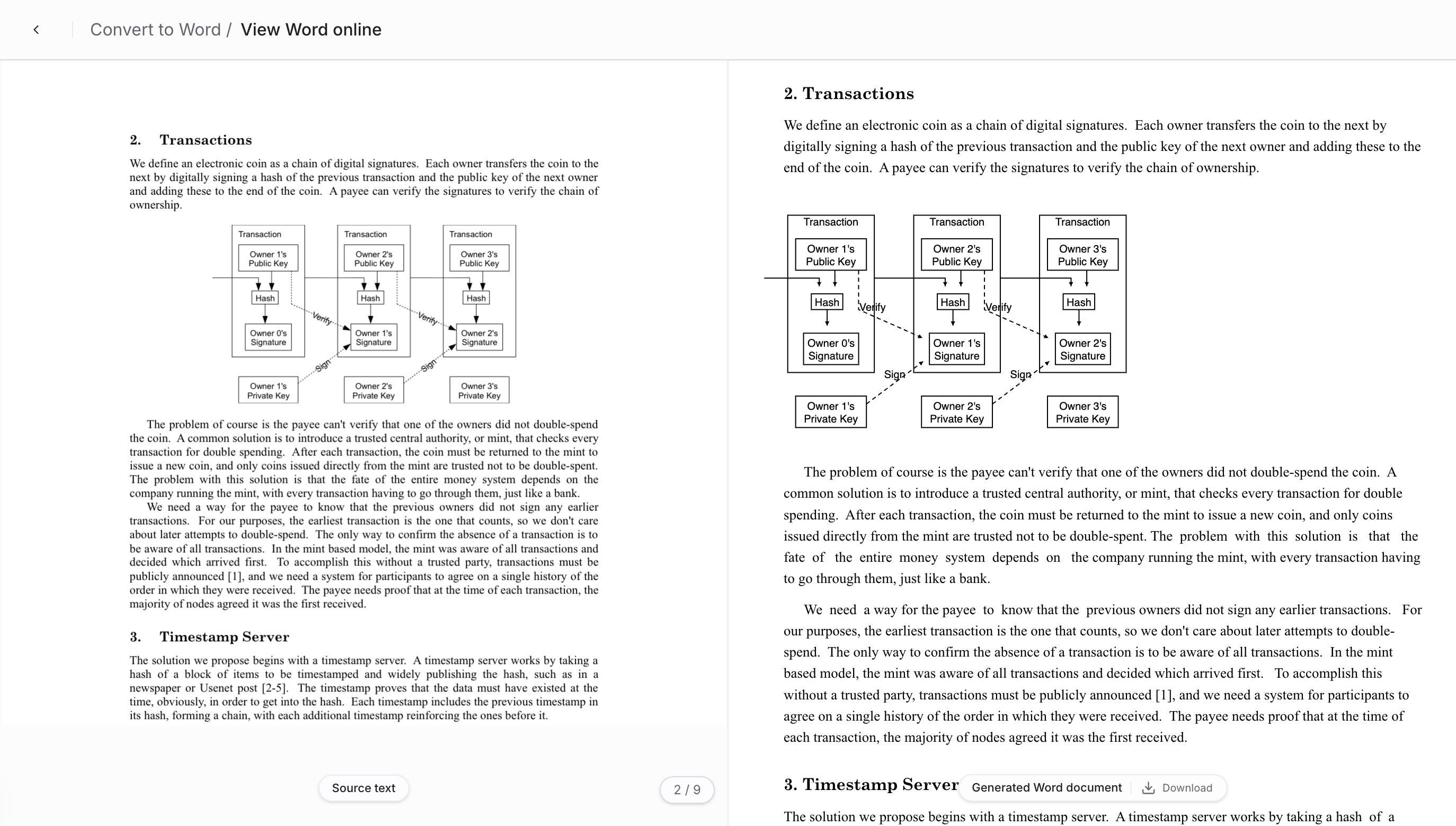 bitcoin PDF の元図と編集可能な Word フローチャートの左右比較